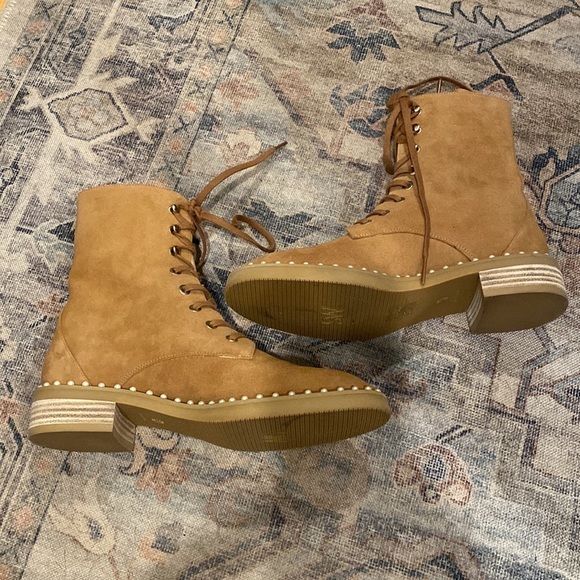 Stuart Weitzman Chelsea Brown Suede Pearl Combat Hiking Boots - Picture 5 of 12